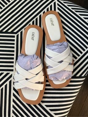 Crevo White Crisscross Slide Sandals with Tan Sole